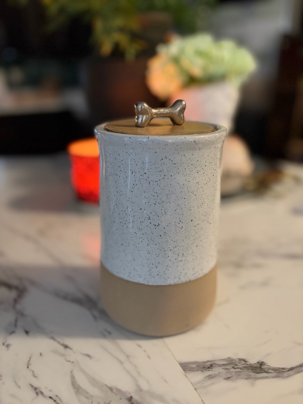 Speckled Ceramic Dog Treat Jar with Bone Knob - White & Tan